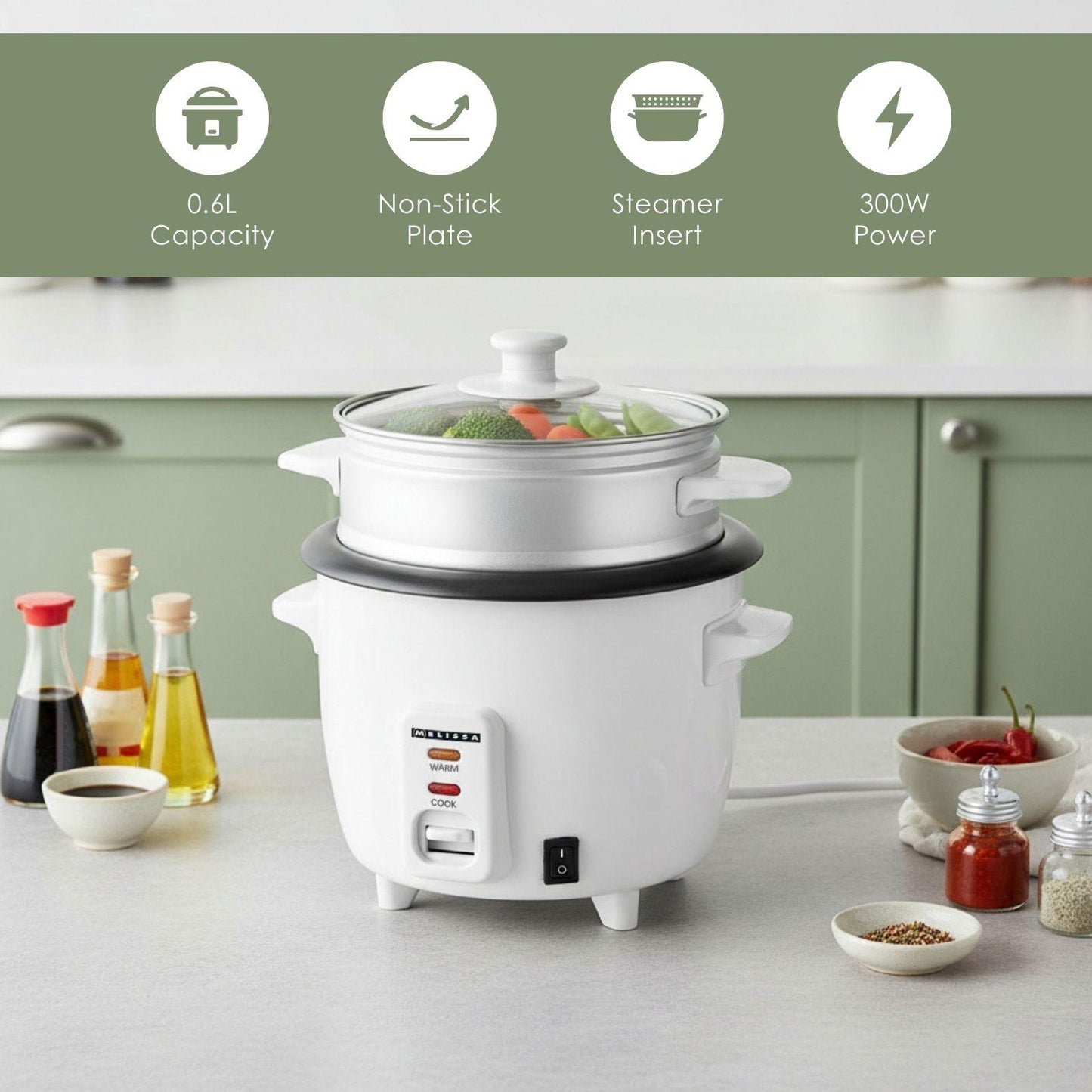 MELISSA Rice Cooker | 0.6 l | Non stick coating | Removable bowl | 300 W | Auto shut-off