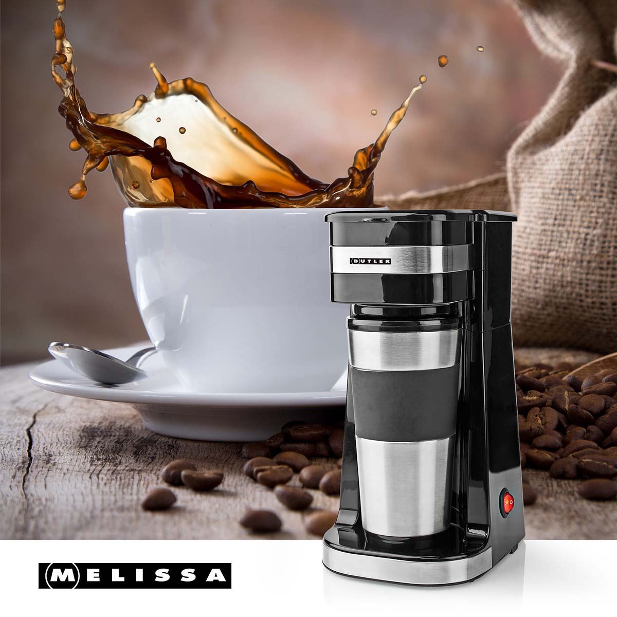 Butler Single-Serve Coffee Maker | 0.4 l | 750 W | Insulated Travel Mug/Cup | Auto shut-off | Black / Silver