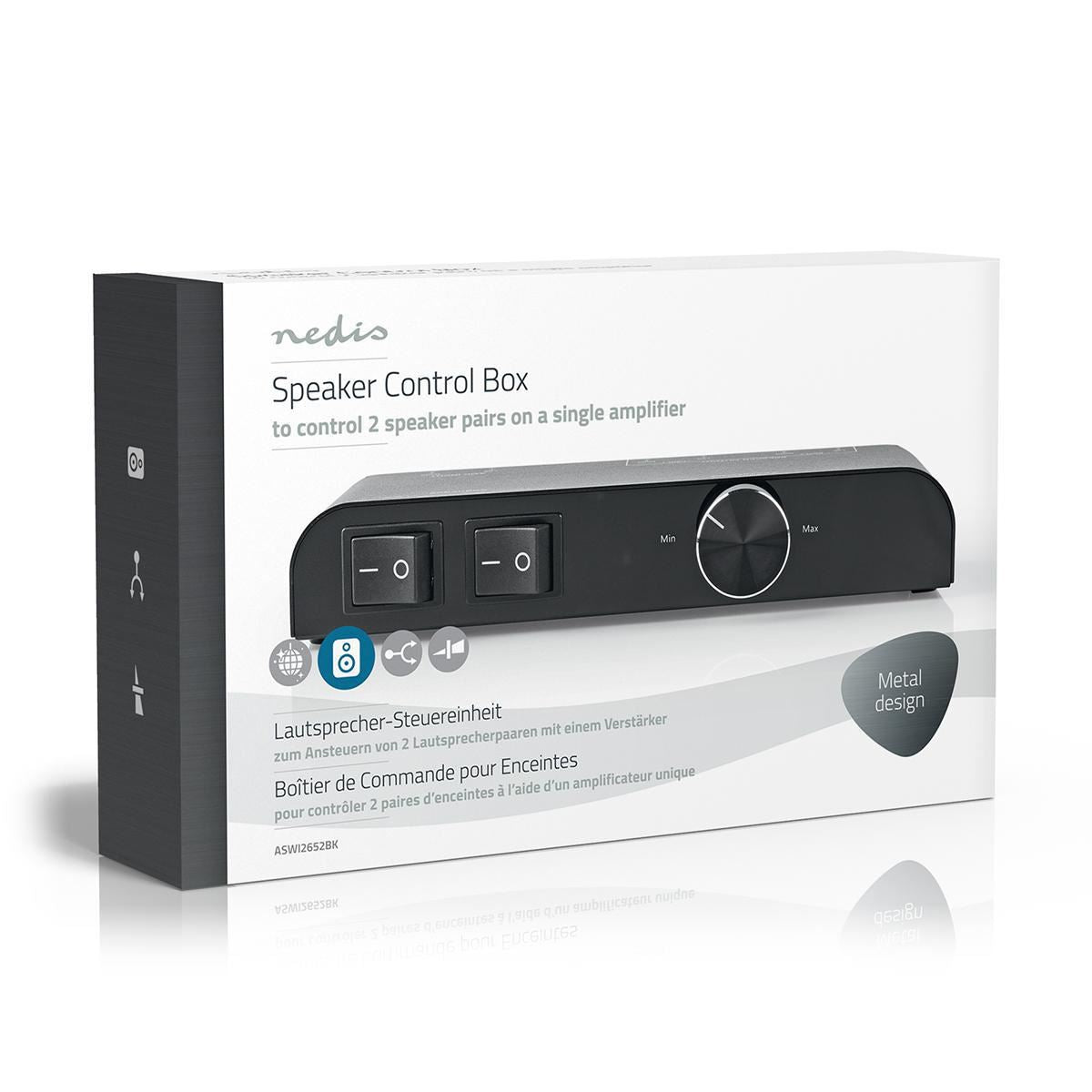 Nedis Speaker Control Switchbox | 2 port(s) | Banana | Speaker impedance: 4-16 Ohm | Maximum load per channel: 60 W | Volume control | Aluminium | Black
