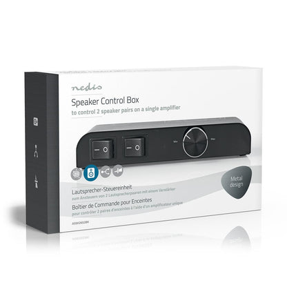 Nedis Speaker Control Switchbox | 2 port(s) | Banana | Speaker impedance: 4-16 Ohm | Maximum load per channel: 60 W | Volume control | Aluminium | Black