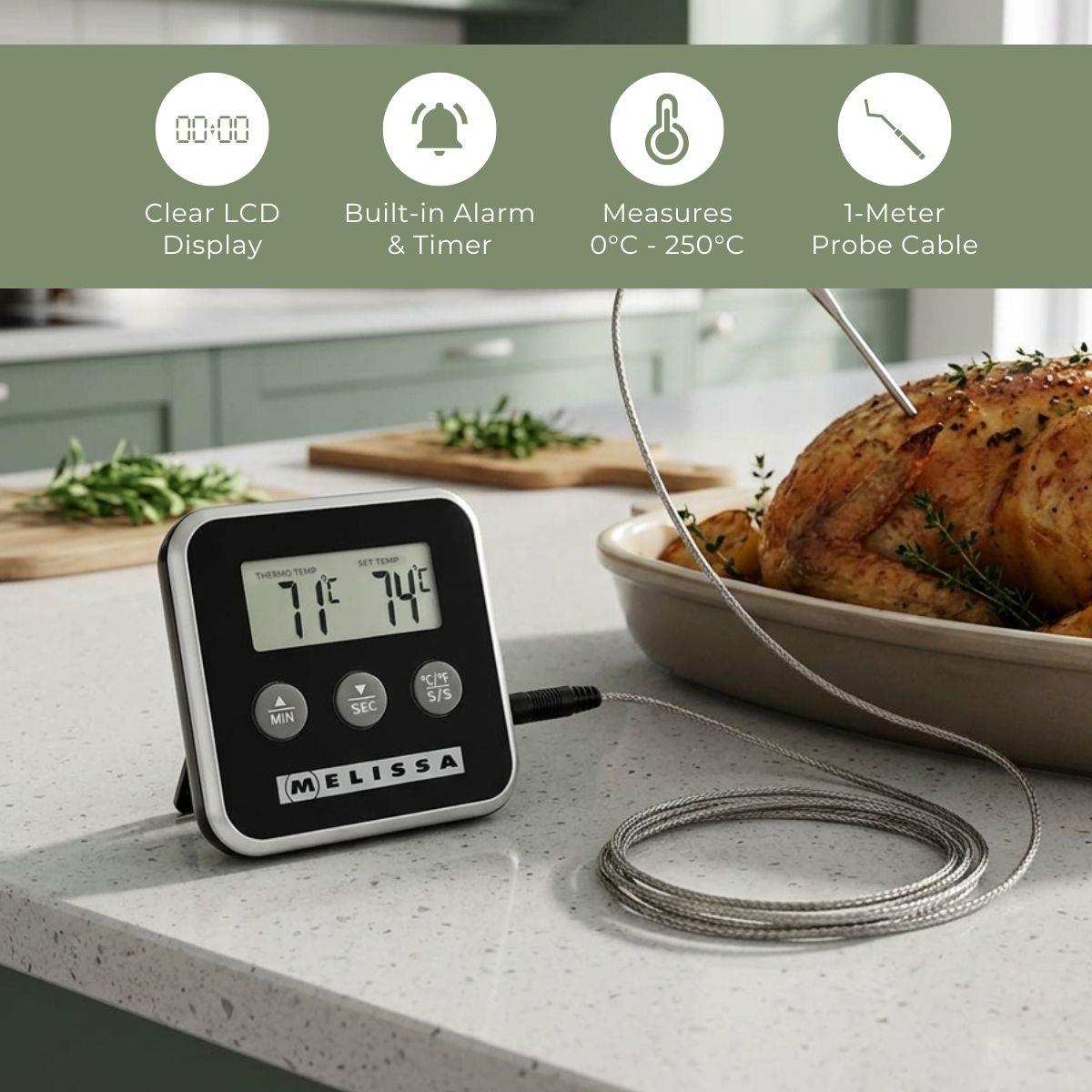 MELISSA Meat Thermometer | Alarm / Timer | LCD Display | 0 - 250 °C | Black / Silver