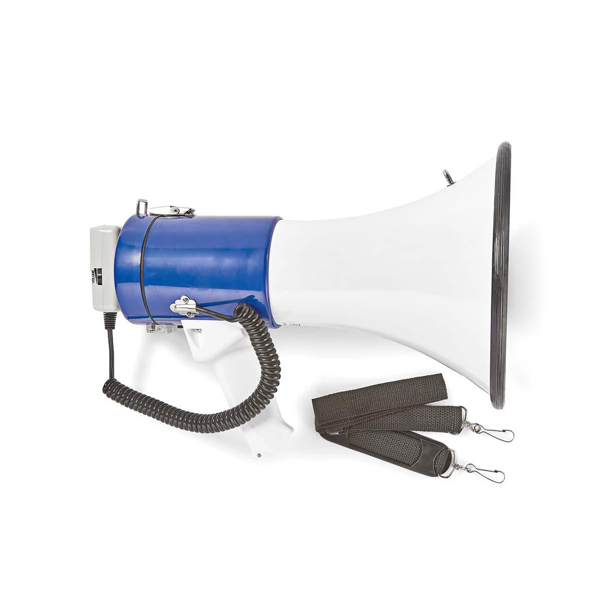 Nedis Megaphone | Maximum range: 1500 m | Maximum Volume control: 120 dB | Detachable Microphone | Built-in siren | Shoulder strap | Blue / White