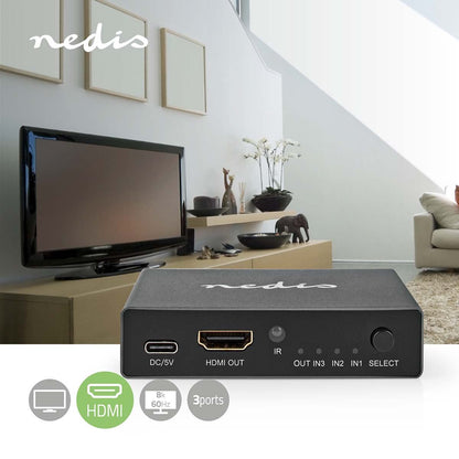Nedis HDMI™ Switch | 3 port(s) | 3x HDMI™ Input | HDMI™ Output | 8K@60Hz | 45 Gbps | Remote controlled | Aluminium | Anthracite