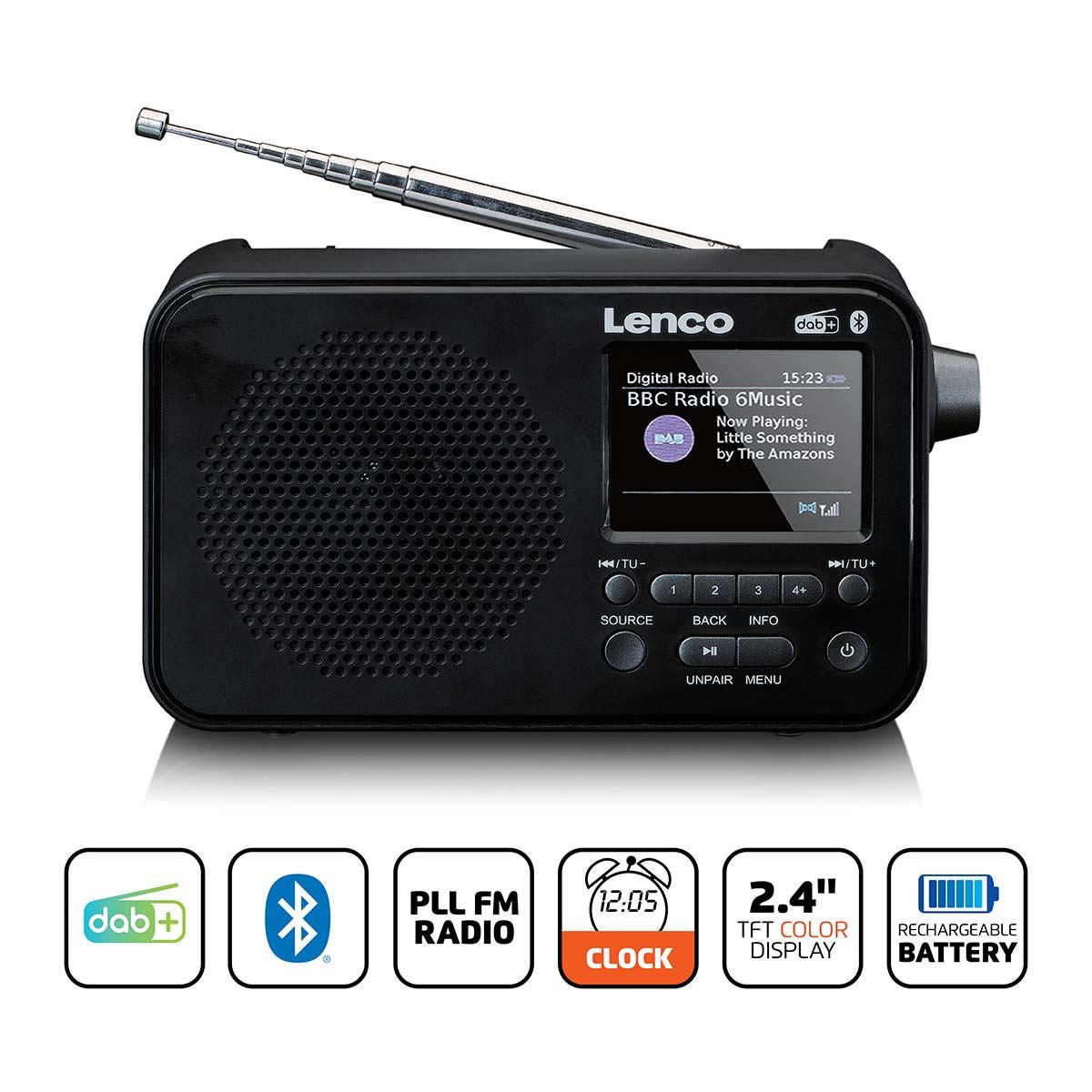 Lenco PDR-036BK | Portable DAB+ FM Radio with Bluetooth® Speaker | 2.4" TFT LCD Display | Black