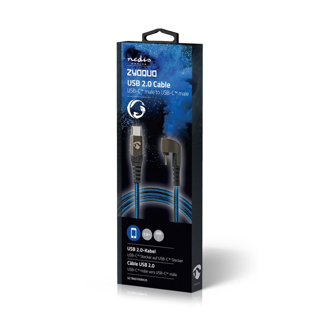 Nedis USB Cable | USB 2.0 | USB-C™ Male | USB-C™ Male | 480 Mbps | Gold Plated | 2.00 m | Round | Braided / Nylon | Black / Blue | Cover Window Box