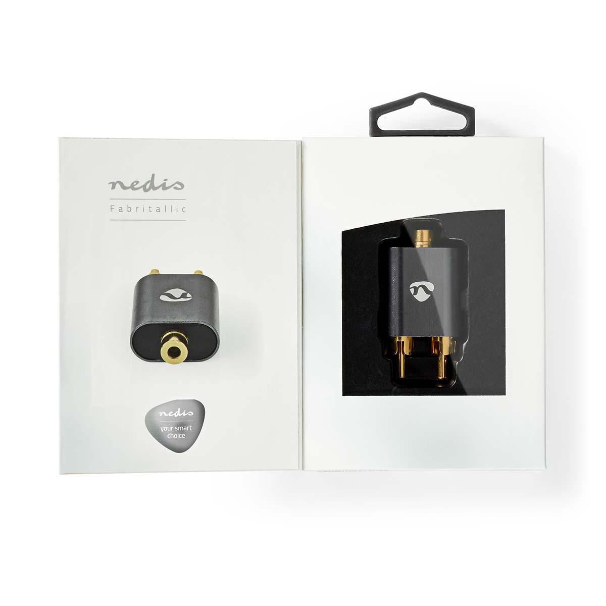 Nedis Stereo Audio Adapter | 2x RCA Male | 3.5 mm Female | Gold Plated | Straight | Aluminium | Gun Metal Grey | 1 pcs | Cover Window Box