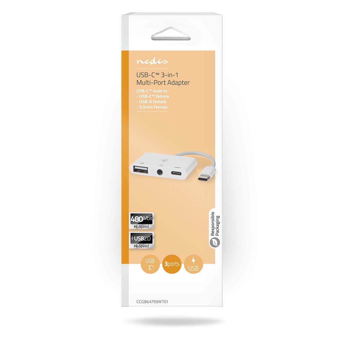 Nedis USB Multi-Port Adapter | USB 2.0 | USB-C™ Male | USB-A Female / USB-C™ Female / 3.5 mm Female | 480 Mbps | 0.10 m | Round | Nickel Plated | PVC | White | Box