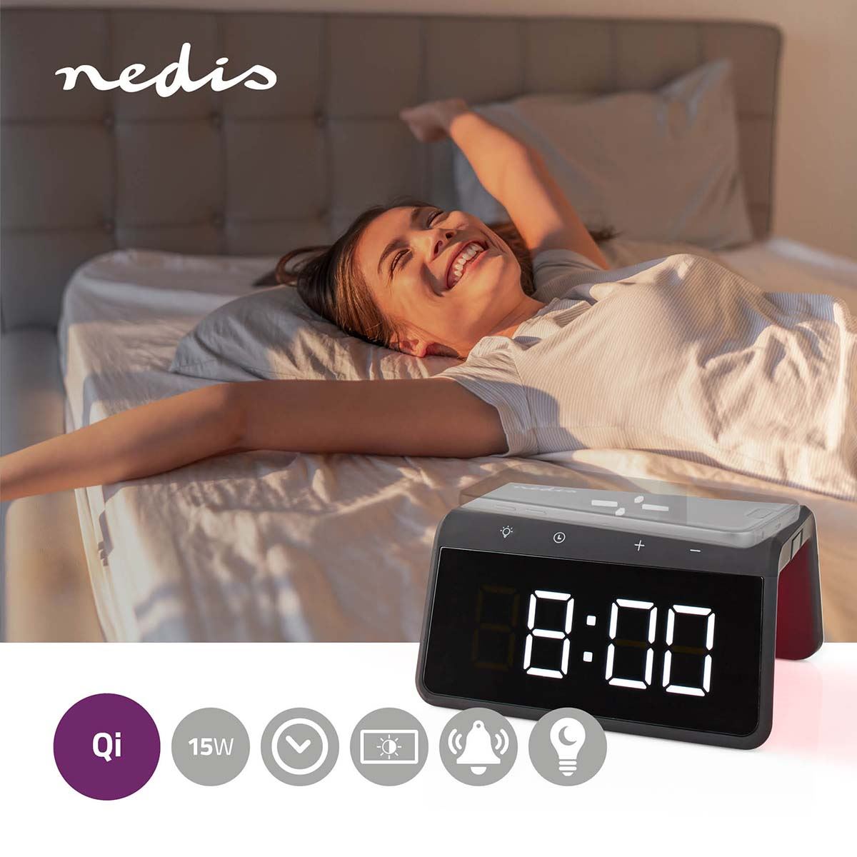 Nedis Alarm clock with wireless charging | Qi certified | 5 / 7.5 / 10 / 15 W | USB-A Male | Night Light | 2 Alarm Times | Snooze function