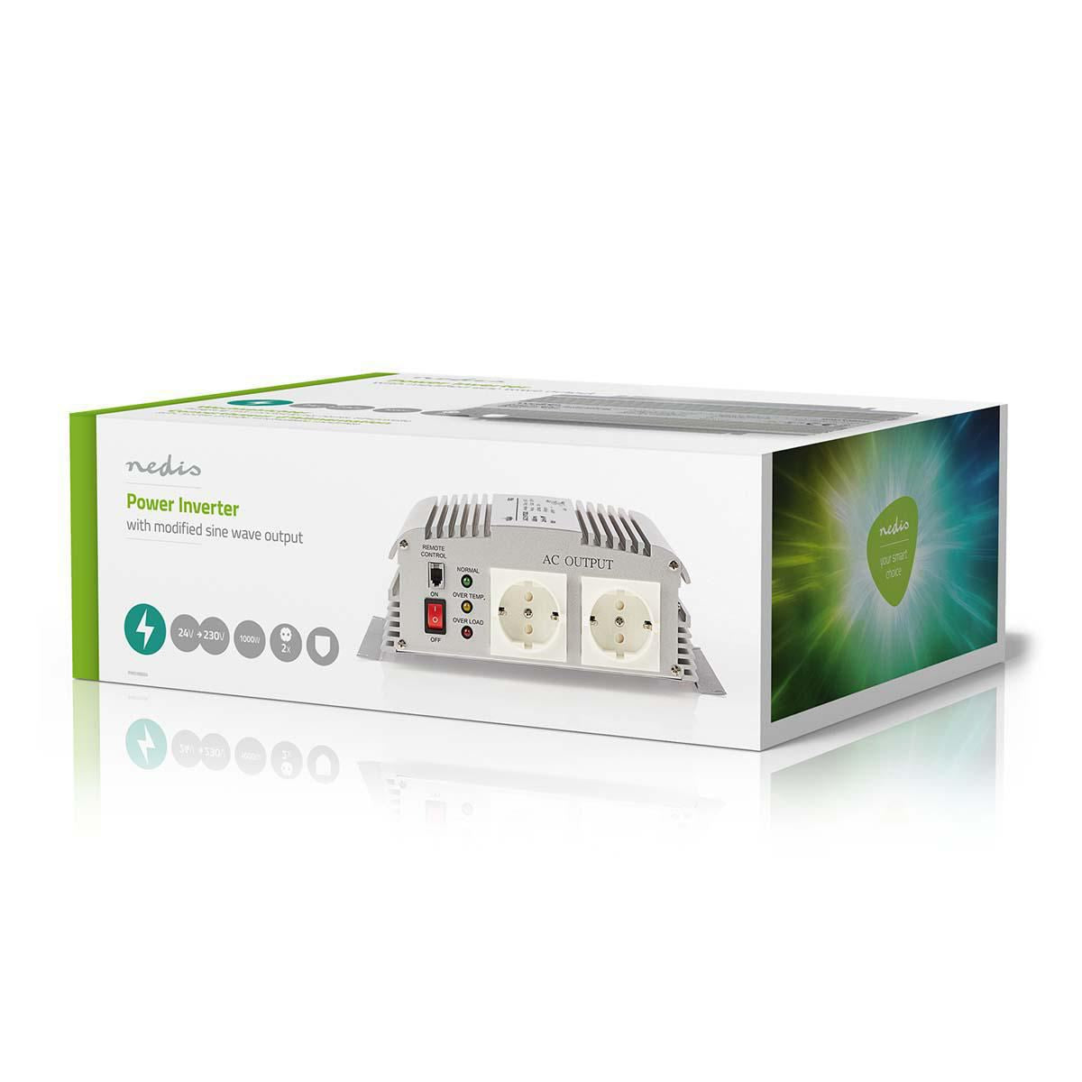 Nedis Power Inverter Modified Sine Wave | Input voltage: 24 V DC | Device power output connection(s): Type F (CEE 7/3) | 230 V AC 50 Hz | 1000 W | Peak power output: 2400 W | Battery Clamps | Silver