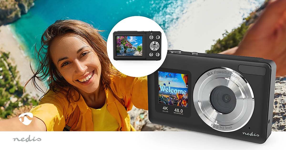 Nedis PCAM2530BK | Digital Photo Camera | Dual Screen | 48 MPixel | 4K@30fps | 5 MPixel CMOS | Black
