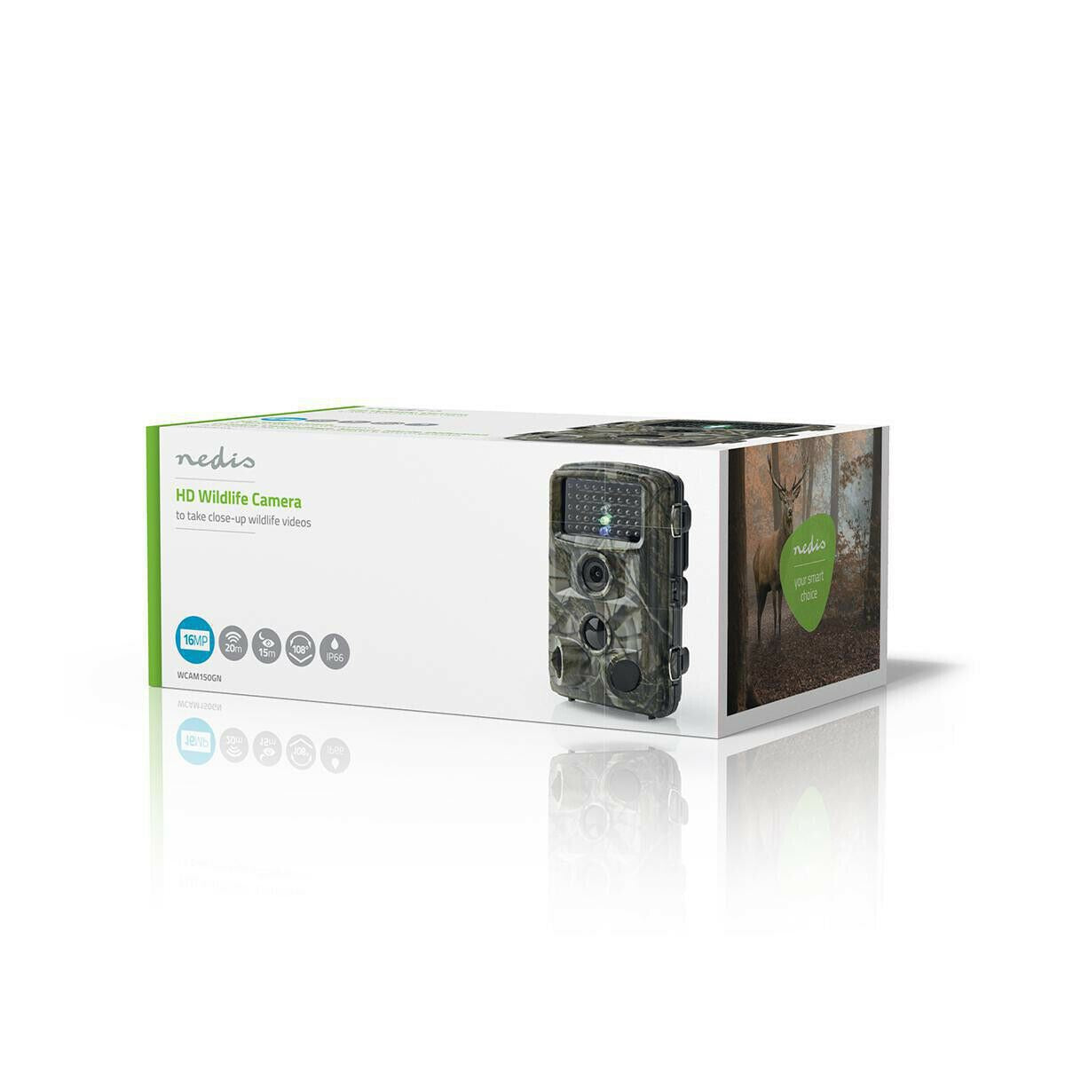 Nedis Wildlife Camera | 1080p@30fps | 16.0 MPixel | 5 MPixel CMOS | IP56 | Black No-Glow IR | Night vision | Viewing angle: 90 ° | Motion sensor | Detection angle: 120 ° | Detection range: 20.0 m | Screen size: 2.4 " | LCD Screen | Brown/Green