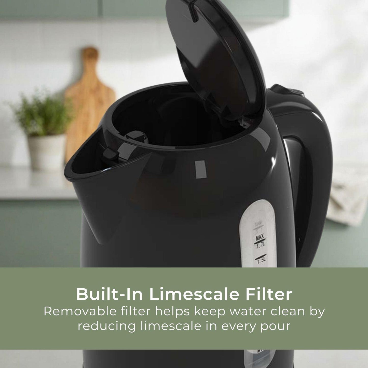 MELISSA Electric Kettle 1.7 l | Plastic | Black | Rotatable 360 degrees | Concealed heating element | Boil-dry protection