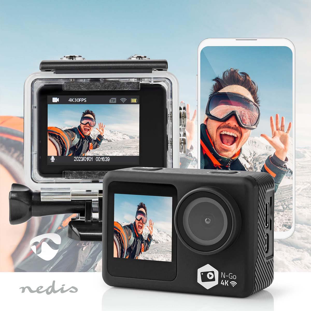 Nedis Action Cam | Dual Screen | 4K@30fps | 16 MPixel | Waterproof up to: 30.0 m | 90 min | Wi-Fi | App available for: Android™ / IOS | Mounts included | Black
