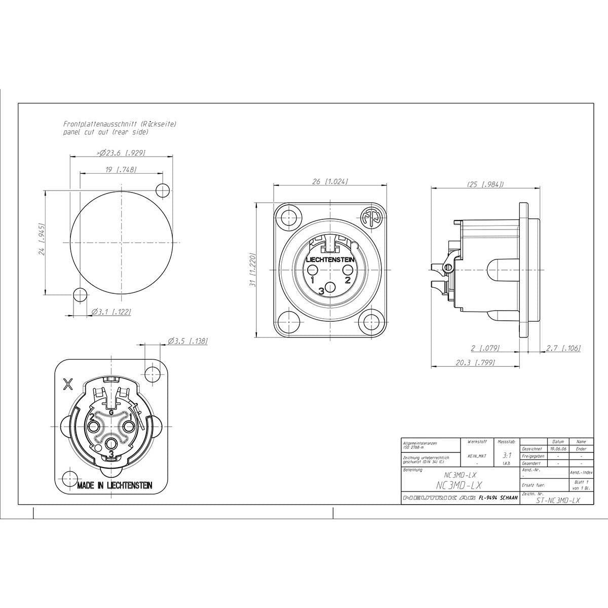 Neutrik 3 pole male receptacle, solder cups, black metal housing, silver contacts