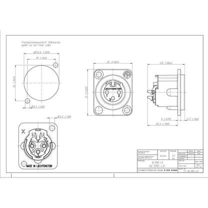 Neutrik 3 pole male receptacle, solder cups, black metal housing, silver contacts