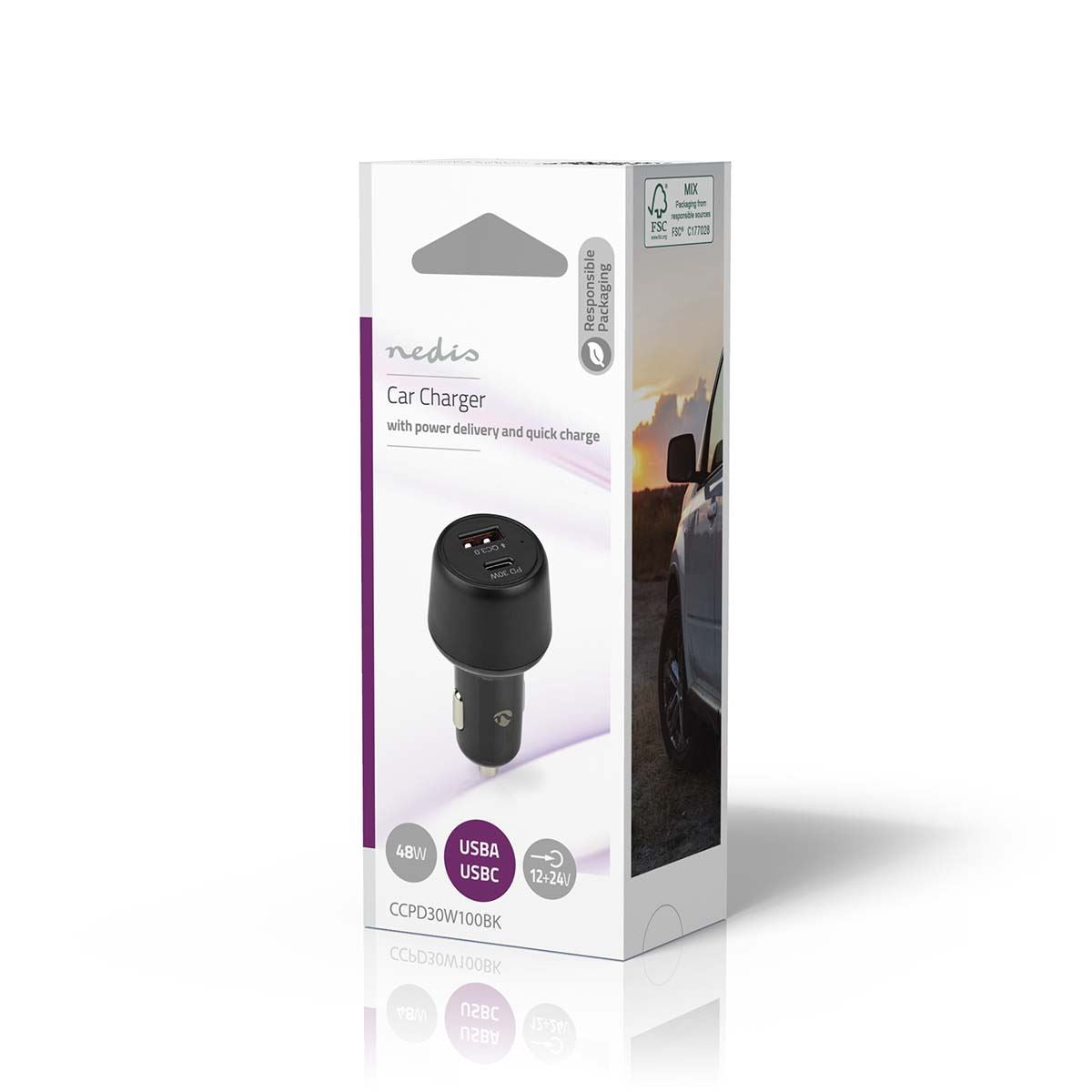 Nedis CCPD30W100BK | Car Charger | 48 W | 2x 3.0 A | Number of outputs: 2 | Port type: USB-A / USB-C™ | | Automatic Voltage Selection