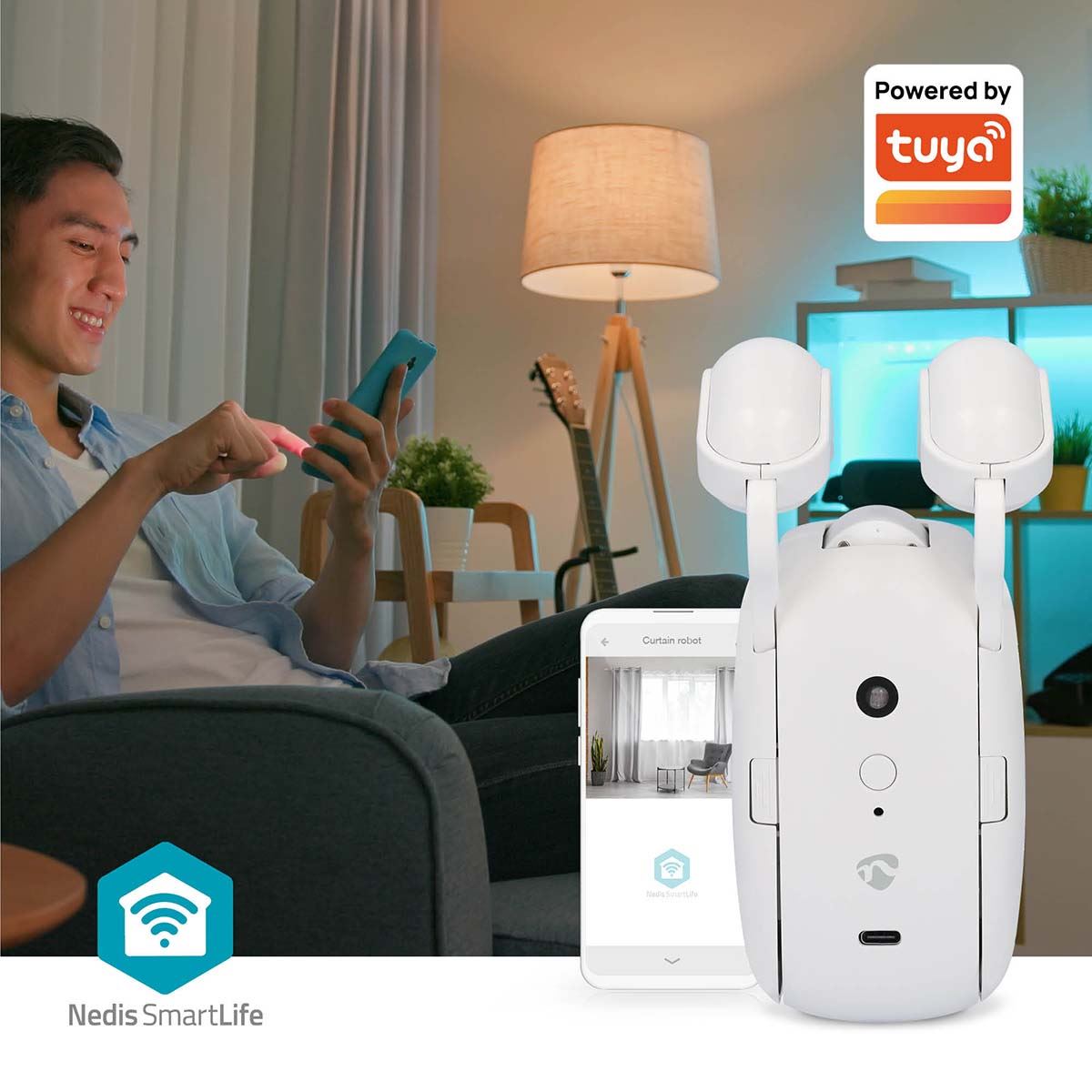 Nedis SmartLife Curtain Robot | Rod Rail | Curtains / Drapes | Battery Powered / USB Powered | 4000 mAh | Bluetooth® | White