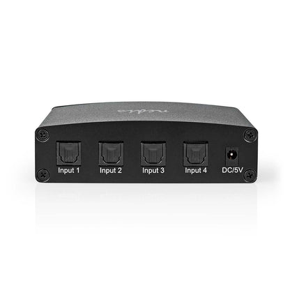 Nedis Digital Audio Switch | 4-way | Connection input: DC Power / 4x TosLink | Connection output: TosLink Female | Manual / Push Button / Remote Control | Metal | Black