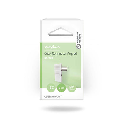 Nedis IEC (Coax) Connector | Angled | Male | Nickel Plated | 75 Ohm | Screw | Cable input diameter: 7.0 mm | Metal / PVC | White | 2 pcs | Box