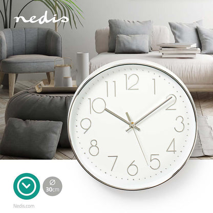 Nedis Wall Clock | Diameter: 300 mm | Plastic | Silver / White