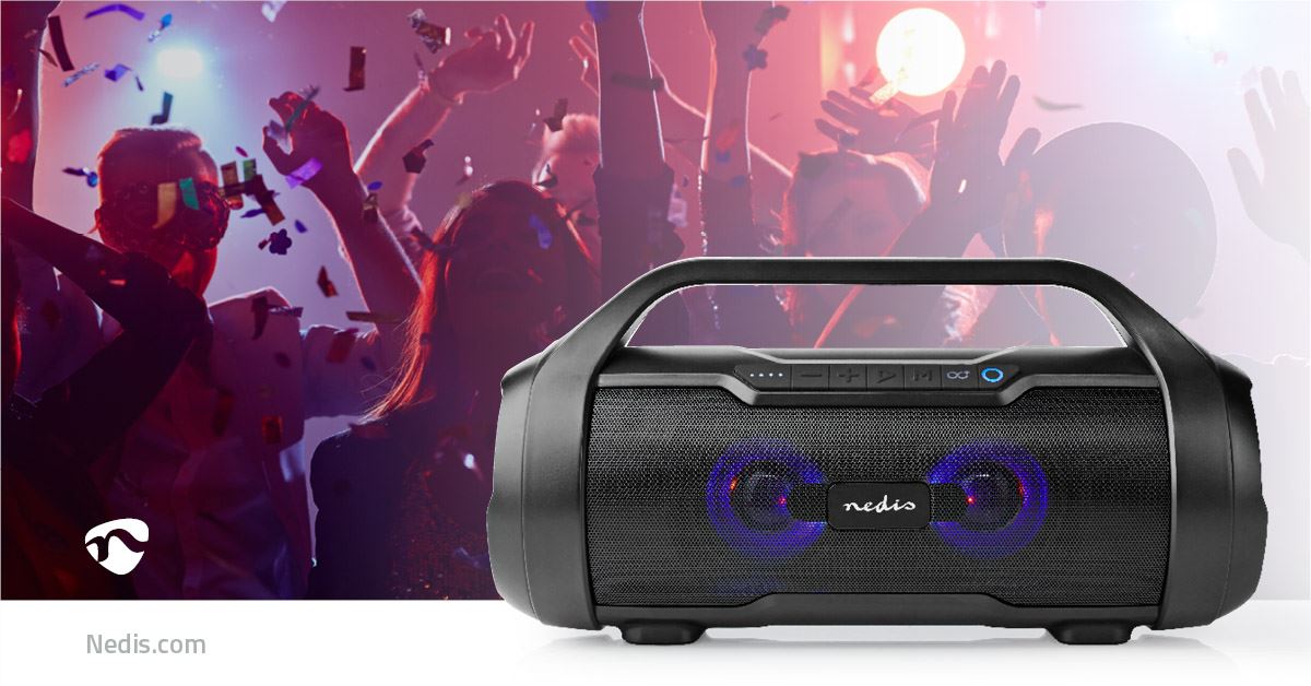 Nedis Bluetooth® Party Boombox | 6 hrs | 2.0 | 60 W | Media playback: AUX / Micro SD / USB | IPX5 | Linkable | Carrying handle | Party lights | Black