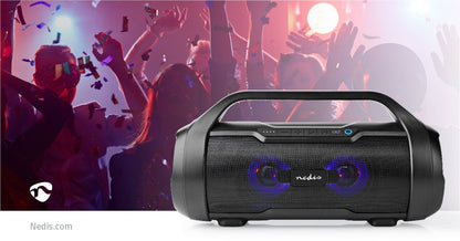 Nedis Bluetooth® Party Boombox | 6 hrs | 2.0 | 60 W | Media playback: AUX / Micro SD / USB | IPX5 | Linkable | Carrying handle | Party lights | Black