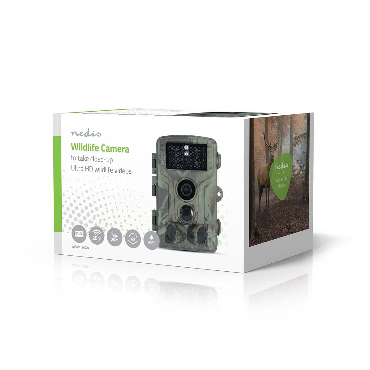 Nedis Wildlife Camera | 4K@10fps | 50 MPixel | 5 MPixel CMOS | IP65 | Black No-Glow IR | Night vision | Viewing angle: 60 ° | Motion sensor | Detection angle: 130 ° | Detection range: 20 m | Screen size: 2.4 " | LCD Screen | Brown / Green