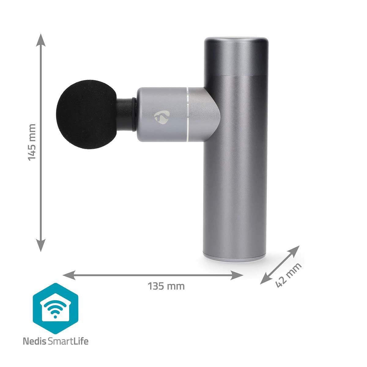 Nedis SmartLife Sports Massage Gun | Accu Powered | N/A | Rechargeable | 5 Massage Modes | Conical Head / Drawstring Bag / Flat Head / Spherical Head / U-shape Head | Dark Grey