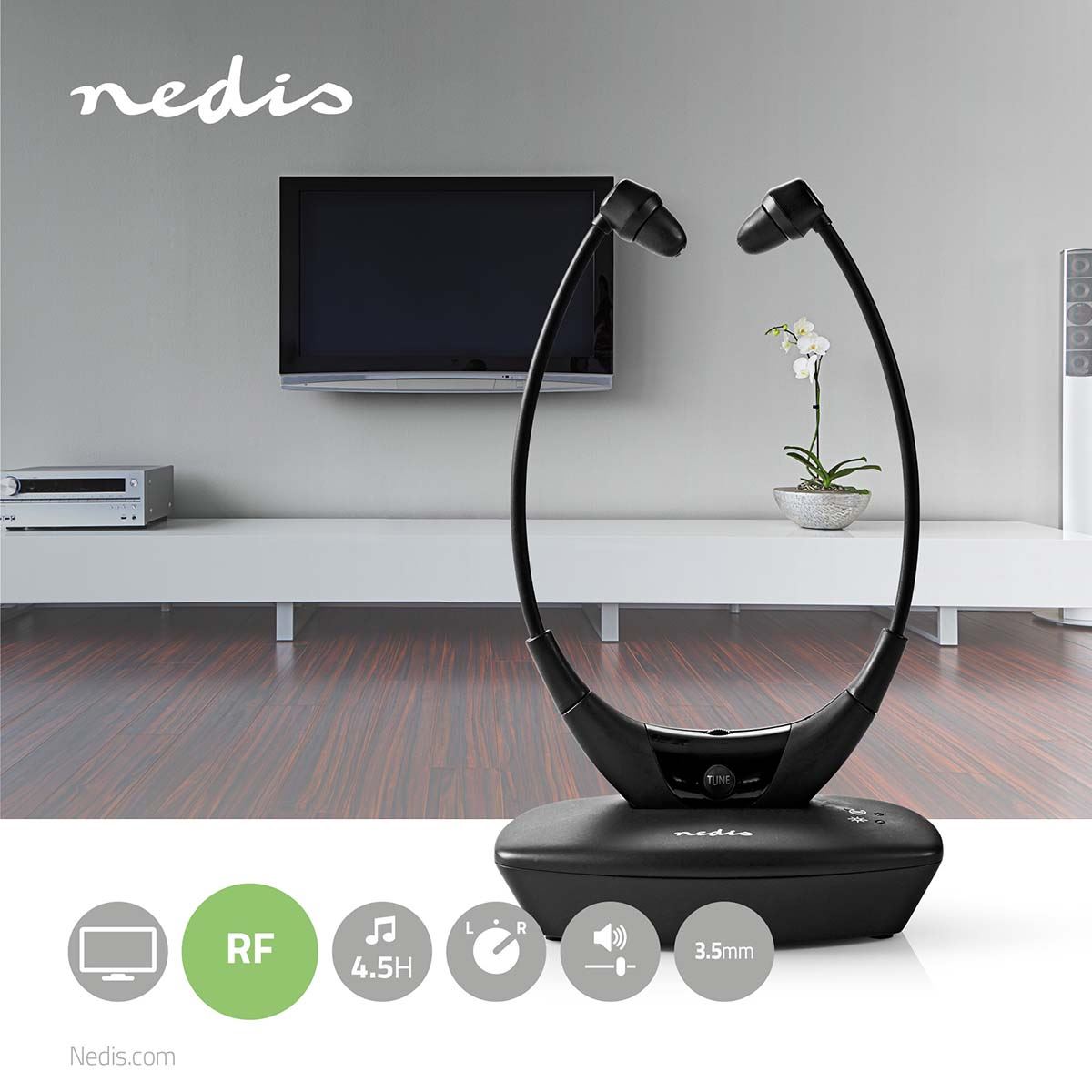Nedis Wireless TV Headphones | RF | In-Ear | Maximum battery play time: 4.5 hrs | 35 m | Digital Audio | Charging dock | Balance control | Black