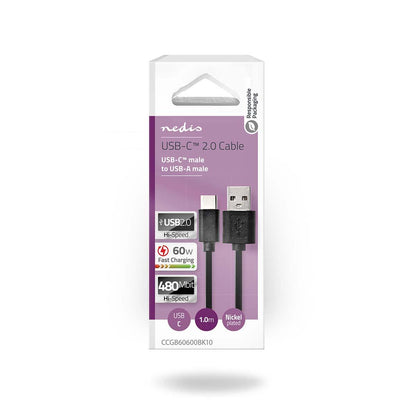 Nedis CCGB60600BK10 | USB Cable | USB 2.0 | USB-A Male | USB-C™ Male | 60 W | 480 Mbps | Nickel Plated | 1.00 m | Round | PVC | Black | Box