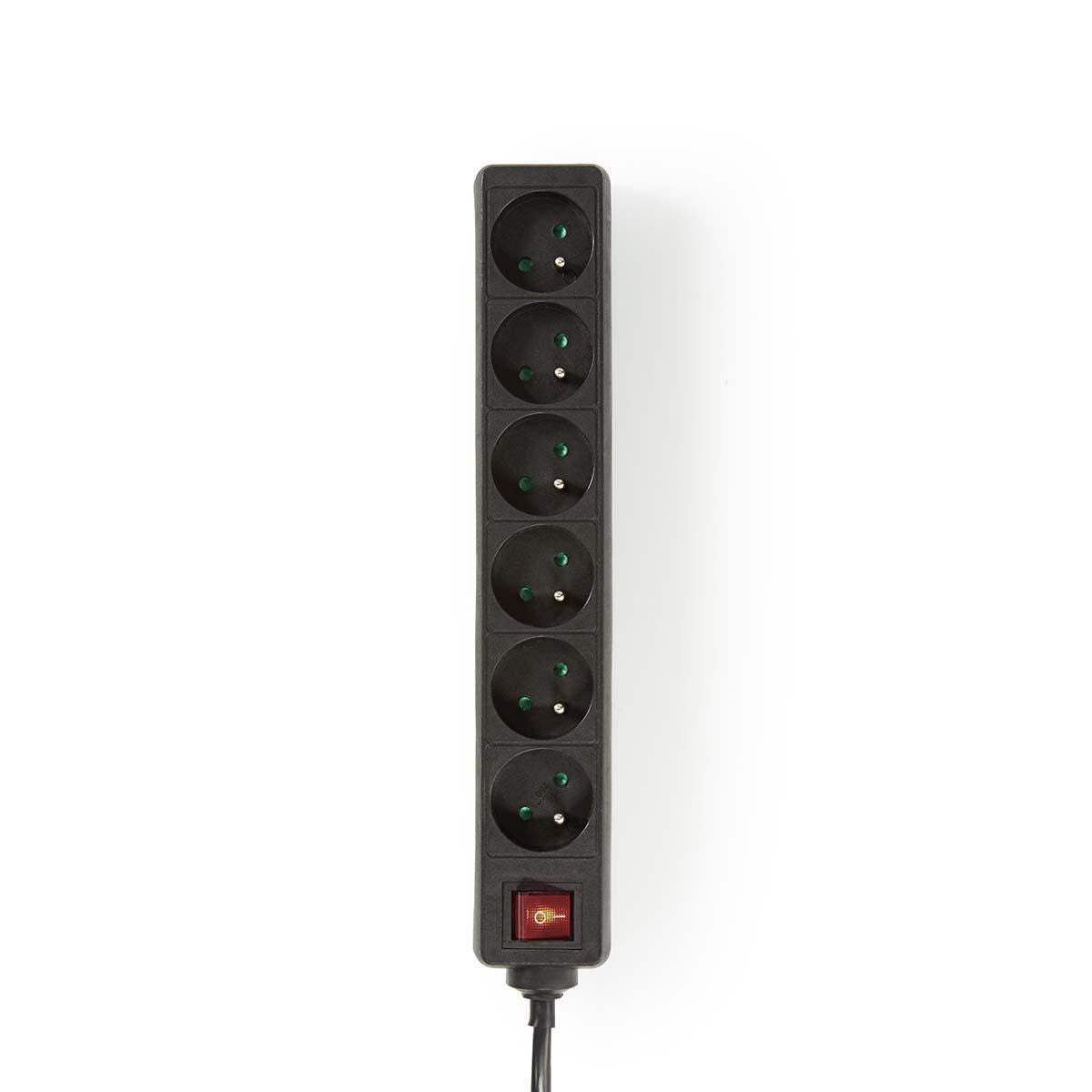 Nedis Extension Socket | Type E (CEE 7/6) | 6-Way | 1.50 m | 3680 W | 16 A | Kind of grounding: Pin Earth | 230 V AC 50/60 Hz | Socket angle: 45 ° | H05VV-F 3G1.5mm² | On/Off switch | Black