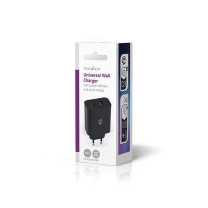Nedis Wall Charger | 65 W | Quick charge feature | 2.0 / 2.25 / 3.25 A | Number of outputs: 2 | USB-A / USB-C™ | Automatic Voltage Selection | Black