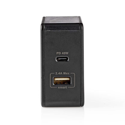 Nedis Wall Charger | 57 W | Quick charge feature | 2.25 / 2.4 / 3.0 A | Number of outputs: 2 | USB-A / USB-C™ | No Cable Included | Automatic Voltage Selection | Black