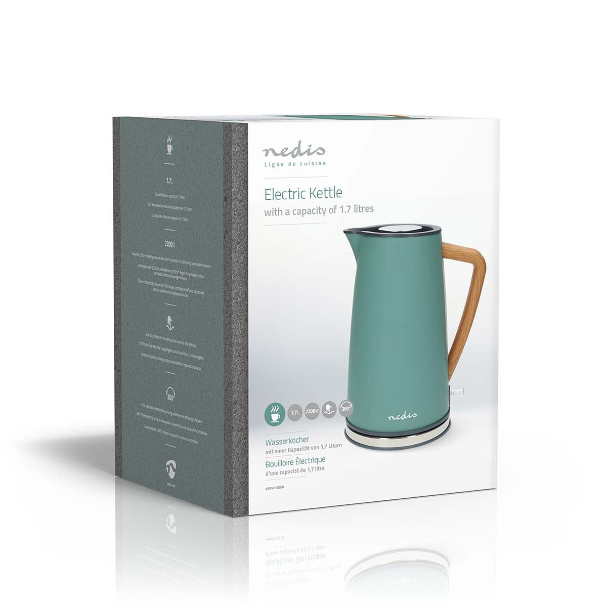 Nedis Electric Kettle | 1.7 l | Soft-Touch | Green | Rotatable 360 degrees | Concealed heating element | Strix® controller | Boil-dry protection