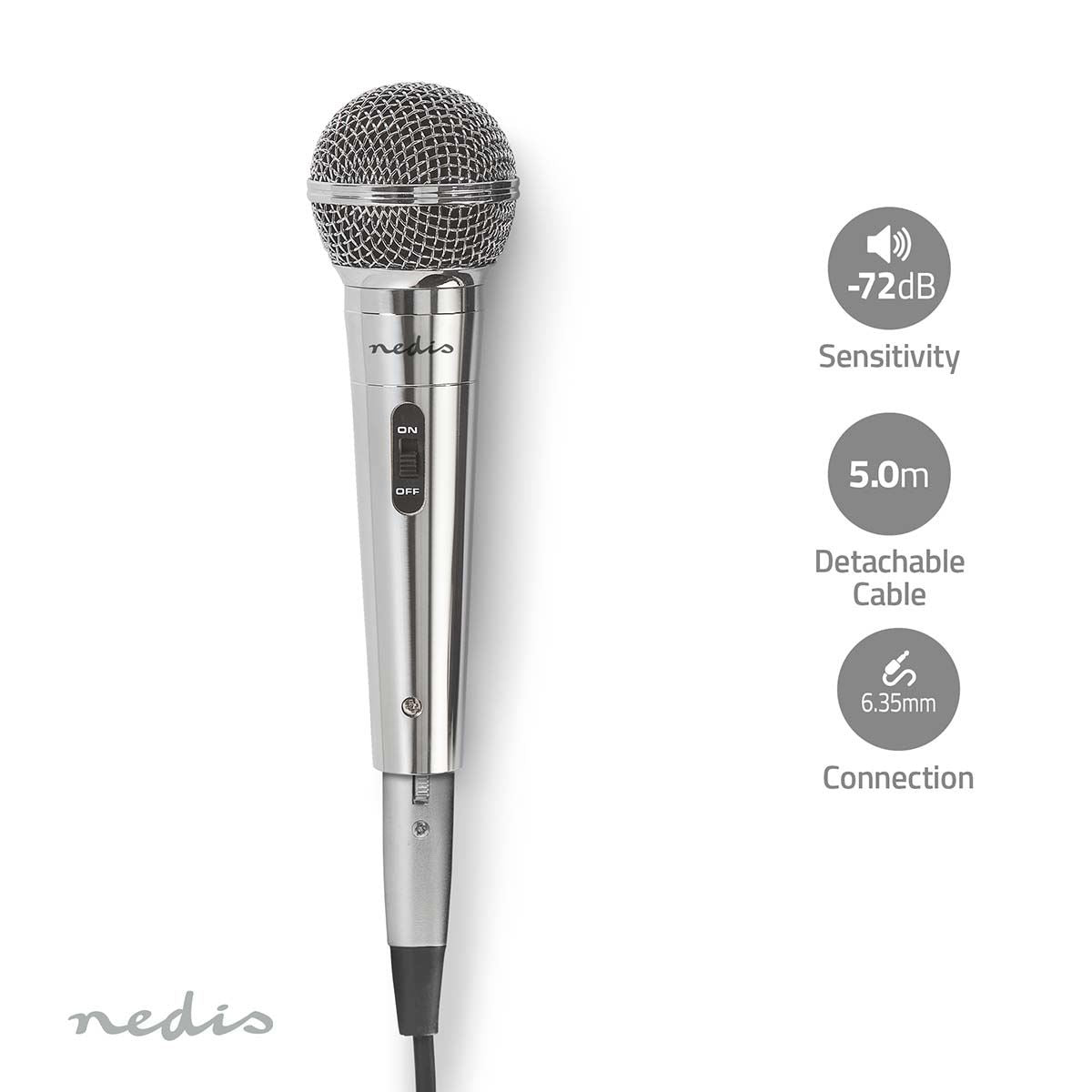 Nedis Wired Microphone | Cardioid | Detachable Cable | 5.00 m | 80 Hz - 13 kHz | 600 Ohm | -72 dB | On/Off switch | Metal | Silver