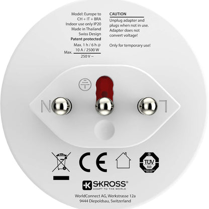 Skross SKR1500272EC | Travel adapter Europe to Switzerland + Italy + Brazil - For 2- and 3-pole devices (Grounding or Euro-plug)