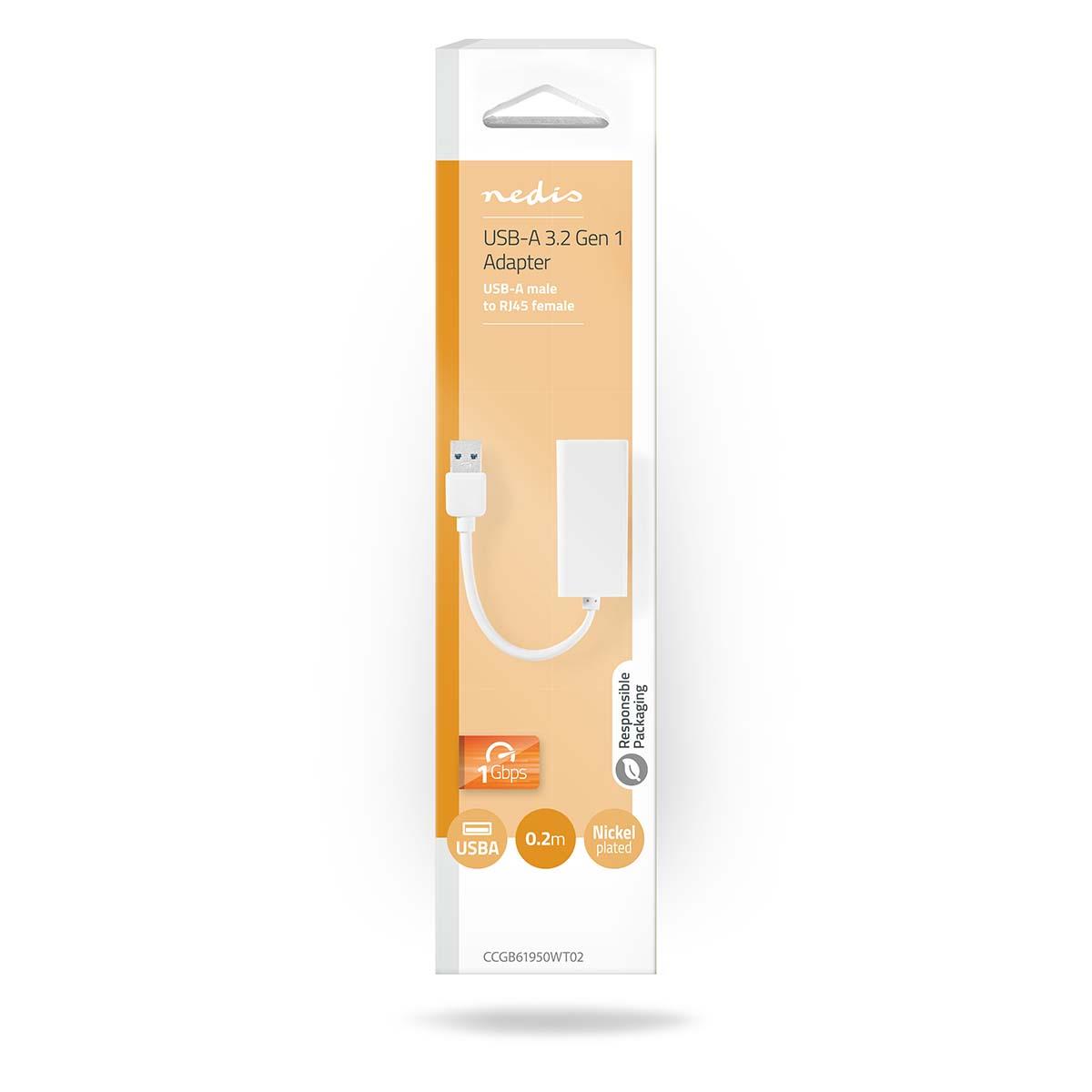 Nedis CCGB61950WT02 | USB Network Adapter | USB 3.2 Gen 1 | 1 Gbps | USB-A Male | RJ45 Female | 0.20 m | Round | Nickel Plated | Bare Copper | White | Box