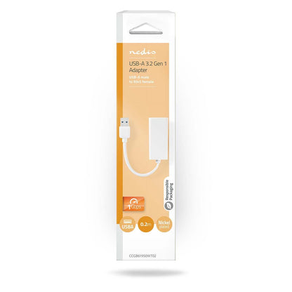 Nedis CCGB61950WT02 | USB Network Adapter | USB 3.2 Gen 1 | 1 Gbps | USB-A Male | RJ45 Female | 0.20 m | Round | Nickel Plated | Bare Copper | White | Box