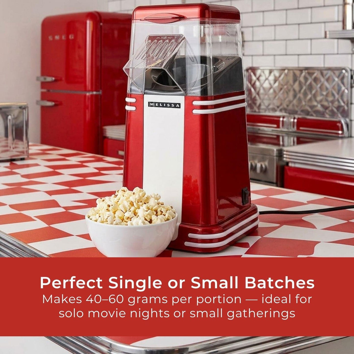 MELISSA Popcorn Maker | 60 g | 1200 W | 2–4 min | Hot Air | Red/White