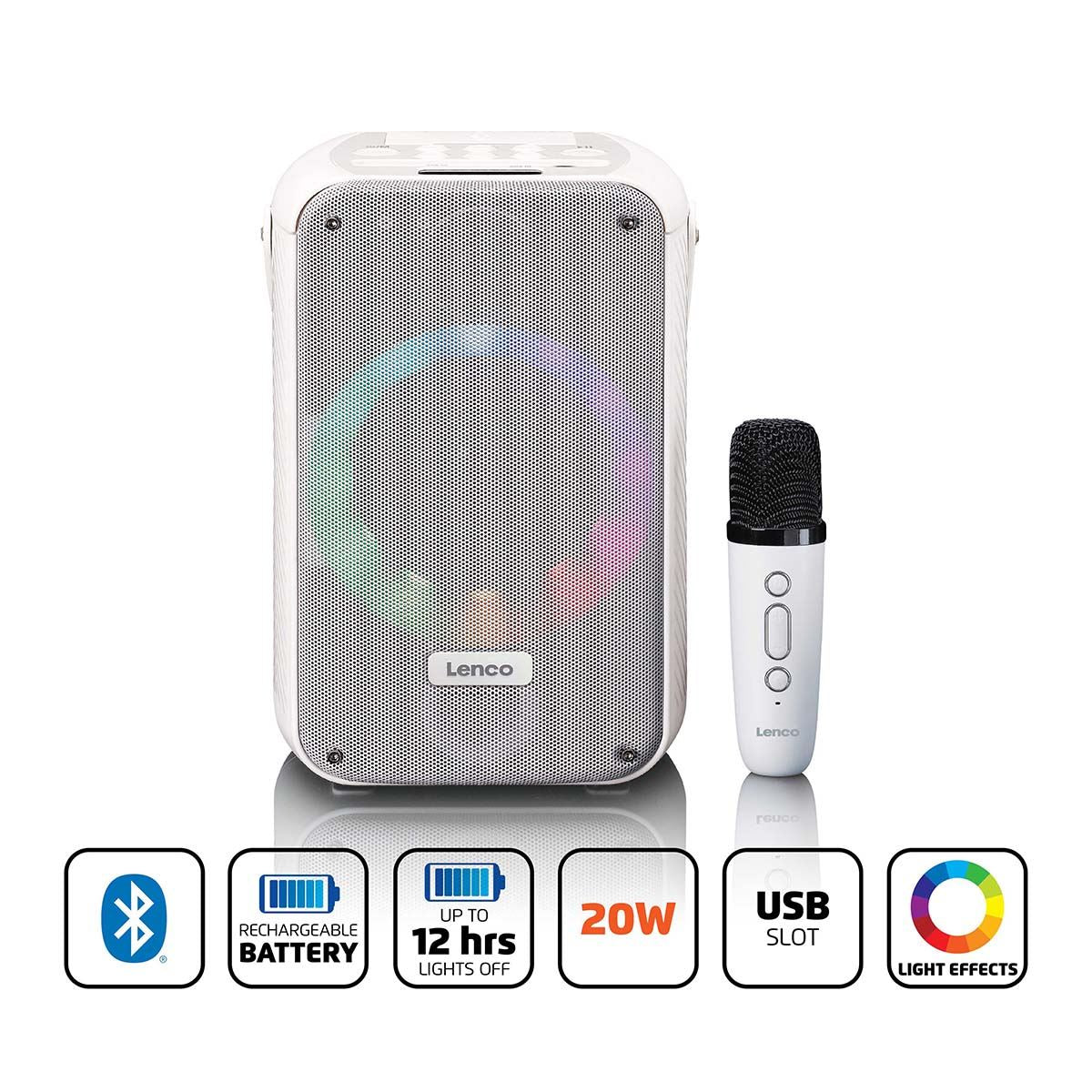 Lenco BTC-060WH | Karaoke Portable Speaker System with Bluetooth® | Rechargeable | With Wireless Microphone | Disco LED Lighting | White