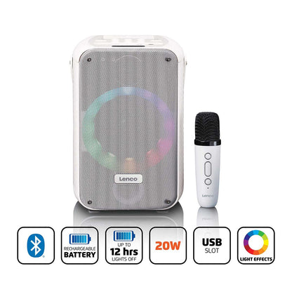 Lenco BTC-060WH | Karaoke Portable Speaker System with Bluetooth® | Rechargeable | With Wireless Microphone | Disco LED Lighting | White
