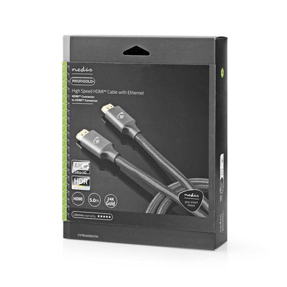 Nedis High Speed HDMI™ Cable with Ethernet | HDMI™ Connector | HDMI™ Connector | 4K@60Hz | ARC | 18 Gbps | 5.00 m | Round | Cotton | Grey / Gun Metal Grey | Cover Window Box