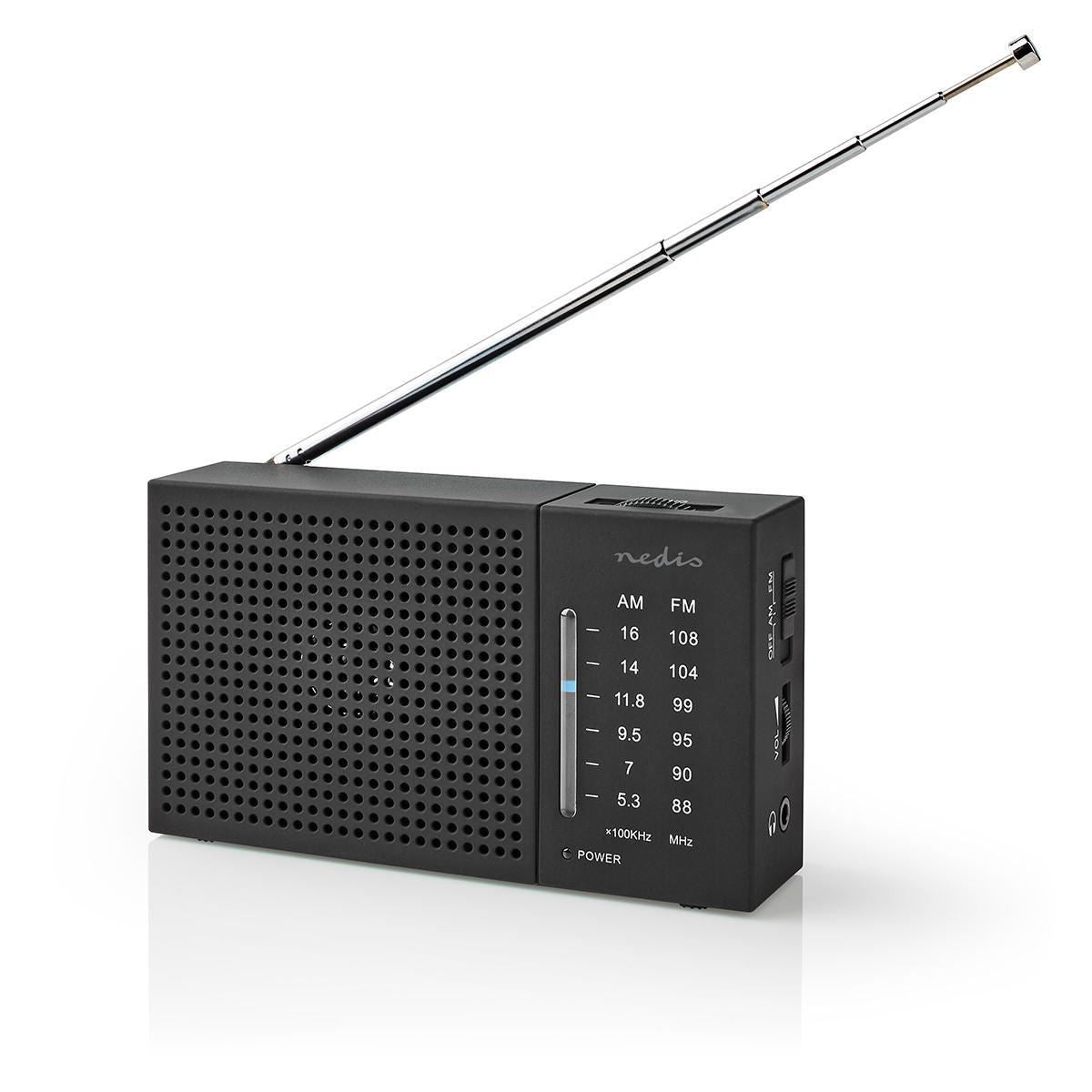 Nedis FM Radio | Portable Design | AM / FM | Battery Powered | Analogue | 1.5 W | Black White Screen | Headphone output | IP20 | Black