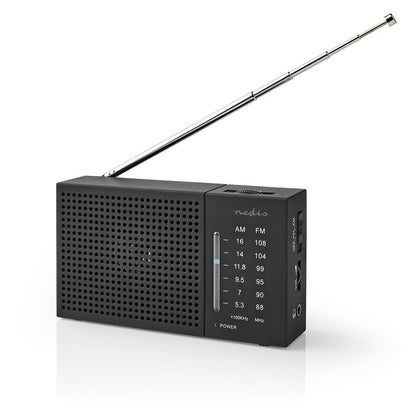 Nedis FM Radio | Portable Design | AM / FM | Battery Powered | Analogue | 1.5 W | Black White Screen | Headphone output | IP20 | Black