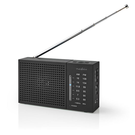 Nedis FM Radio | Portable Design | AM / FM | Battery Powered | Analogue | 1.5 W | Black White Screen | Headphone output | IP20 | Black