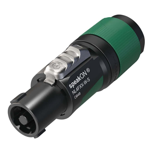 Neutrik 4 pole speakON cable connector, screw terminal assembly, chuck type strain relief for cable diameters 6 to 12 mm