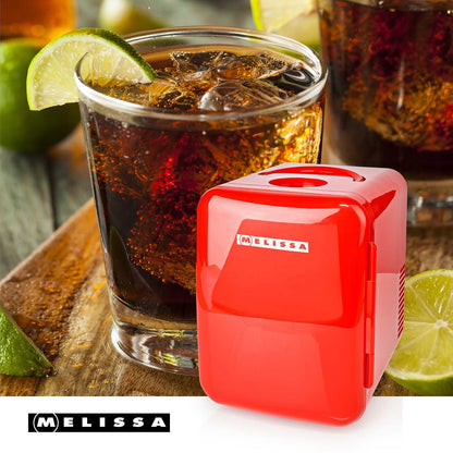 MELISSA Portable Mini Fridge | Mains or 12v Aux | 6 cans / 4 l capacity | 100-240 V / 12 V  Vehicle| Heating / Cooling function | Carrying handle | Red