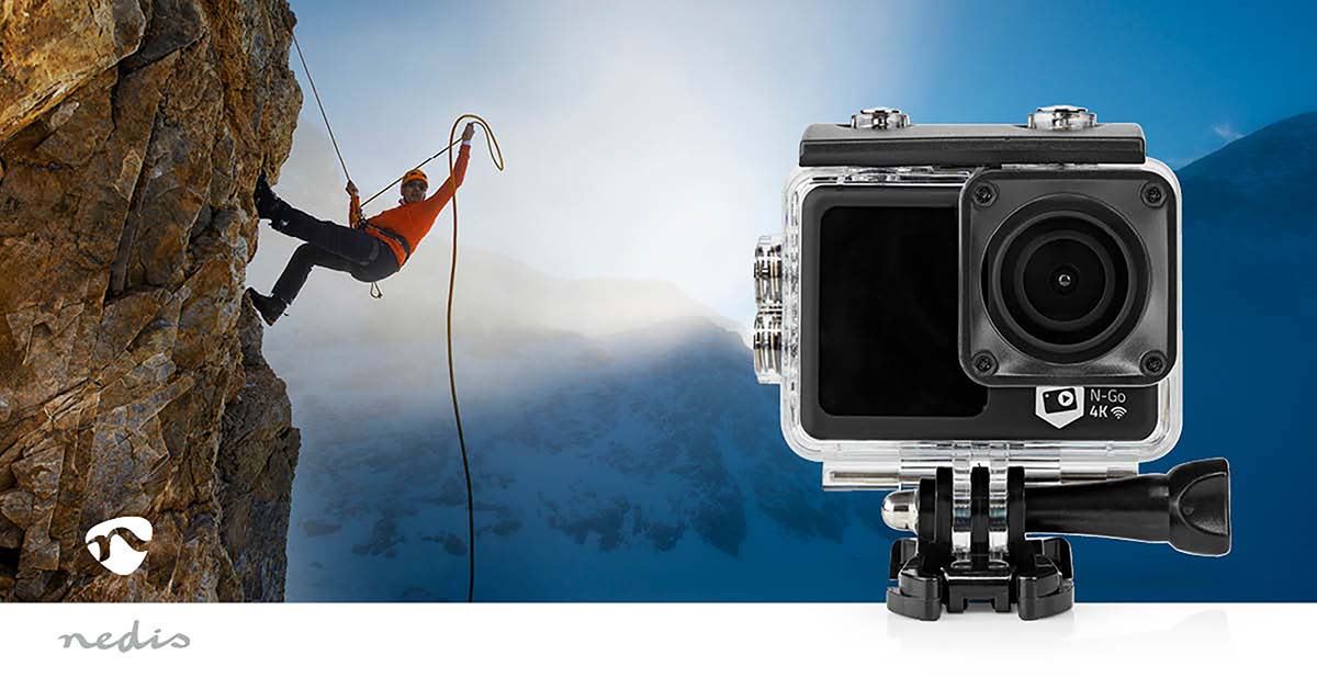 Nedis Action Cam | Dual Screen | 4K@30fps | 16 MPixel | Waterproof up to: 30.0 m | 90 min | Wi-Fi | App available for: Android™ / IOS | Mounts included | Black