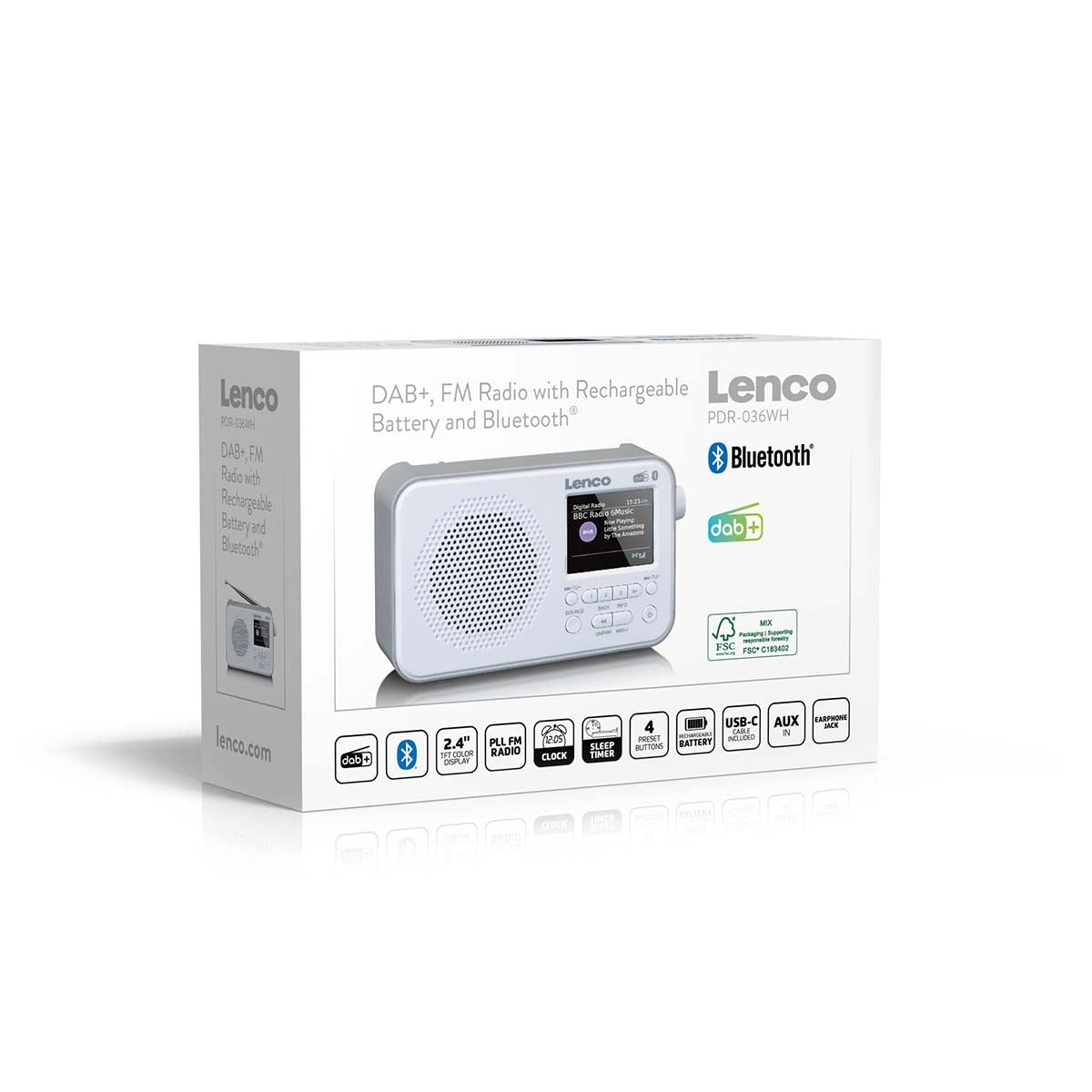 Lenco PDR-036WH | Portable DAB+ FM Radio with Bluetooth® Speaker | 2.4" TFT LCD Display | White