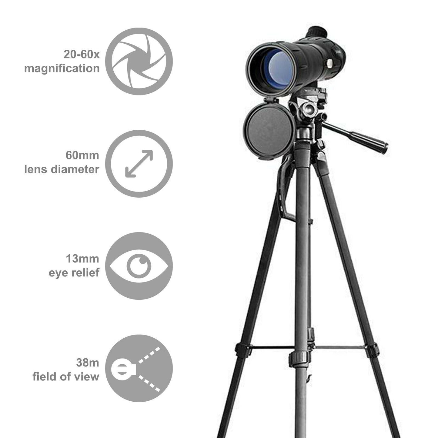 Nedis Spotting Scope | Magnification range: 20-60 | Objective lens diameter: 60 mm | Field of view: 38 m | Dioptric correction | Travel bag included | Black